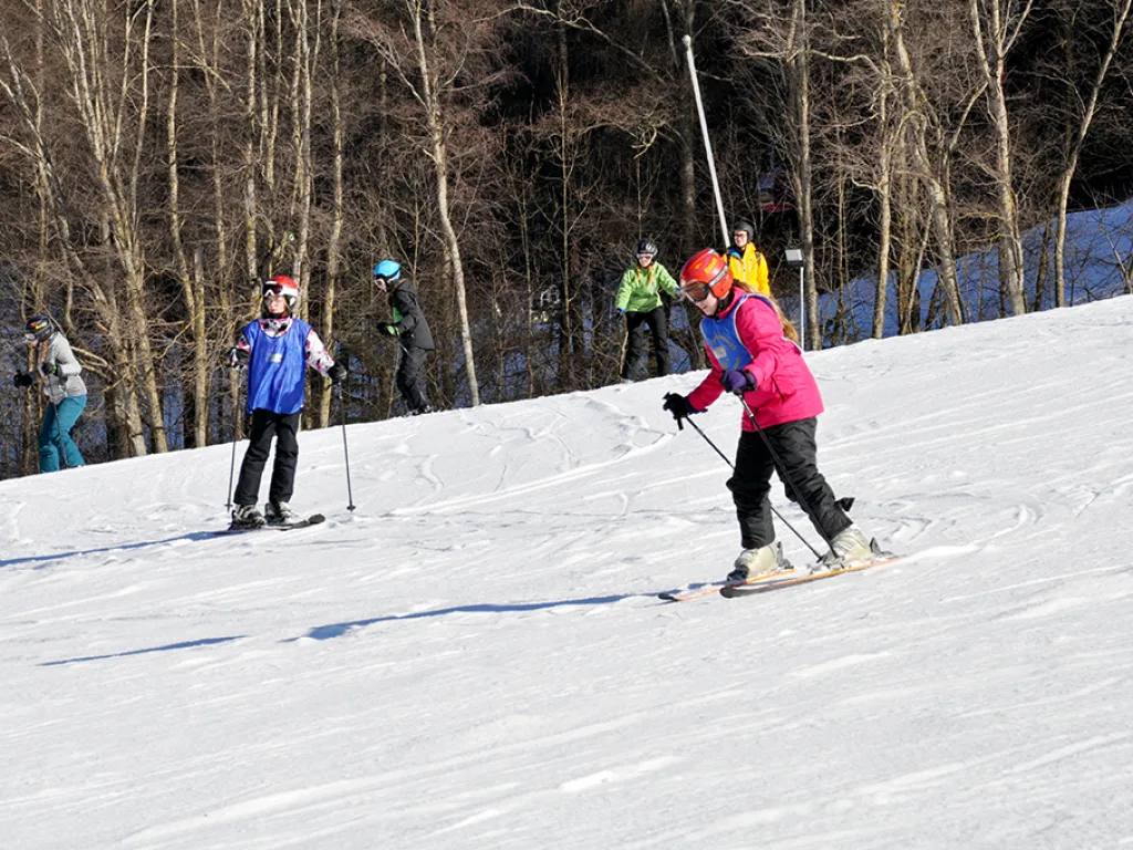 Skifahrerin in pinker Jacke auf der Piste.
